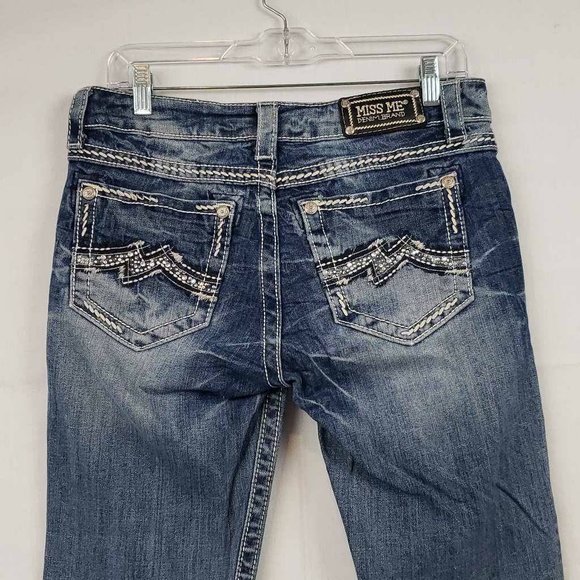 Miss Me Womens Easy Cropped Straight Leg Jeans Blue Thick Stitch Embellished 27 - Picture 3 of 13